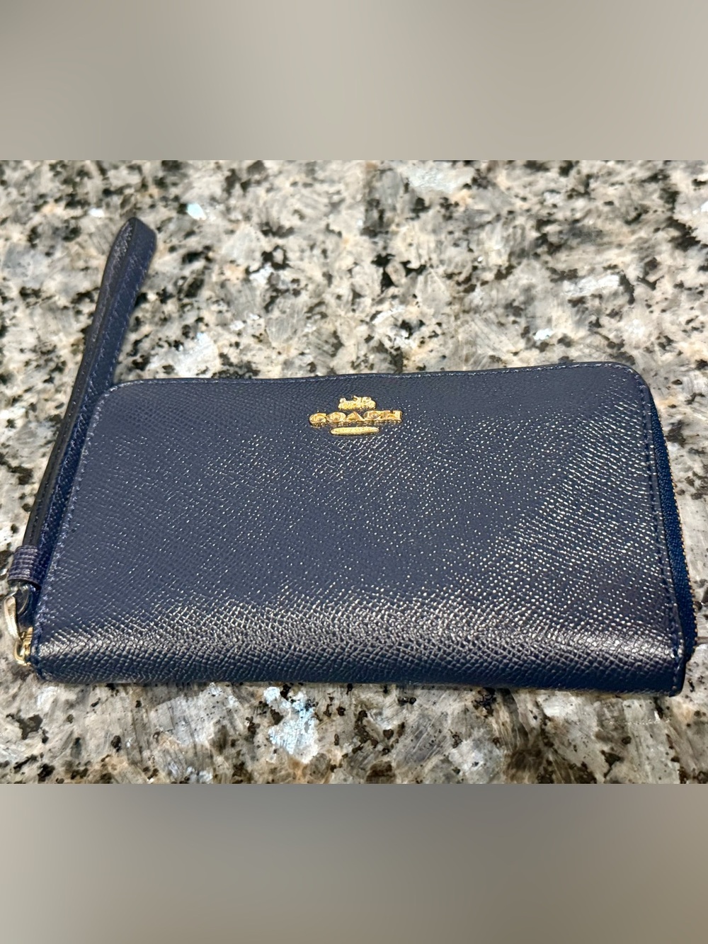Coach Navy Textured Leather Zip Wristlet with Gold Logo
